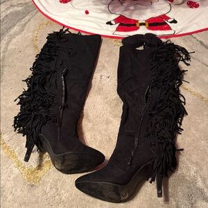 Black Fringe Knee-High Women's Boots
